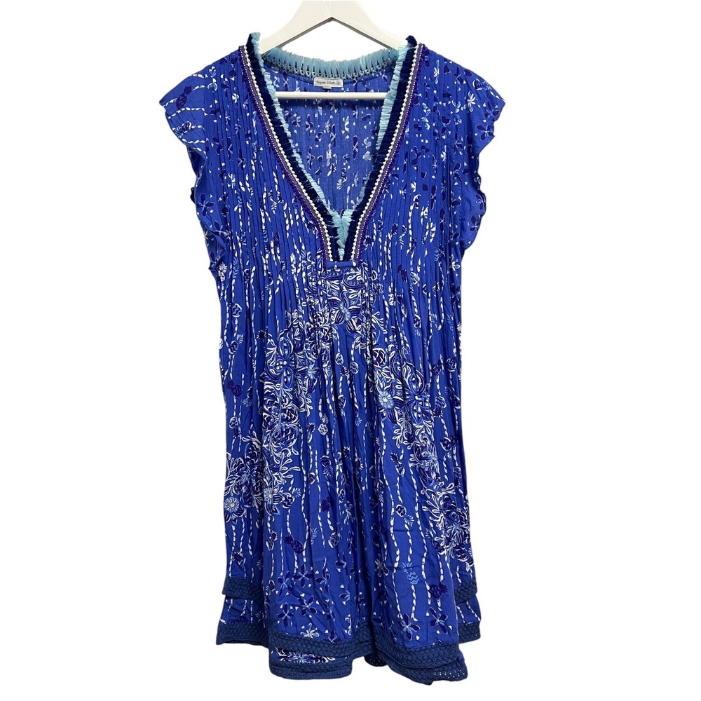 Poupette St Barth Mini Dress Womens S Blue Floral Pineapple Fringe Boho Beach